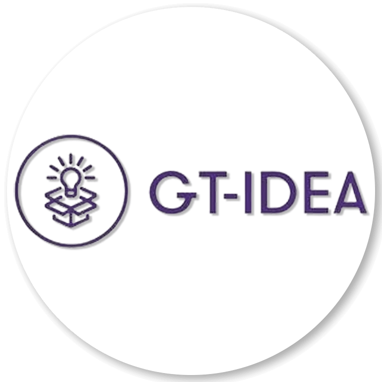 The GT-IDEA logo shows a drawing of purple box with a light bulb hovering above it and the name GT-IDEA in purple. 