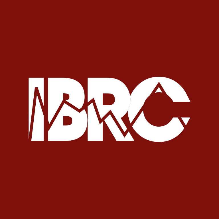 The letters IBRC are shown in white against a red background. There is a red trendline drawn in the letters. 