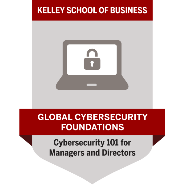 Badge for Global Cybersecurity Foundations shows a dark gray computer and lock icon on a light gray shield background. 