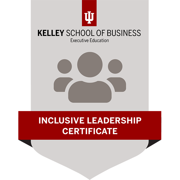 Badge for Inclusive Leadership shows a dark gray an illustration of a group of three universal people on a light gray shield background. 