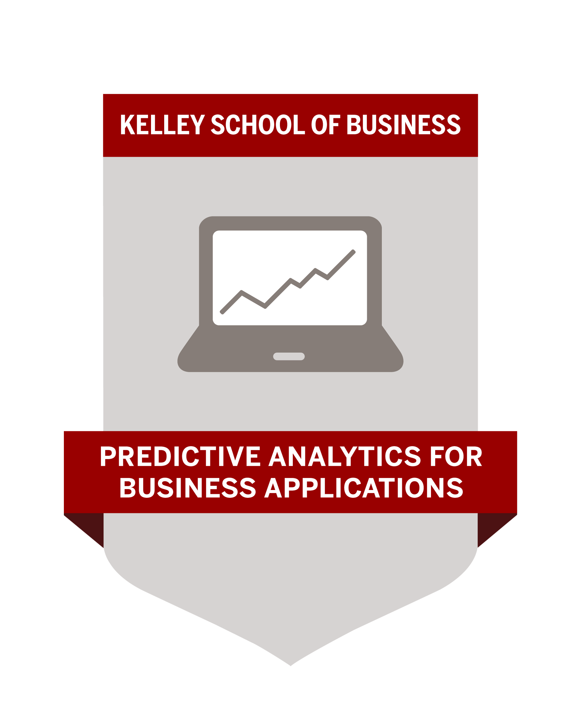 Badge for Predictive Analytics for Business Applications shows a dark gray computer and line graph icon on a light gray shield background. 