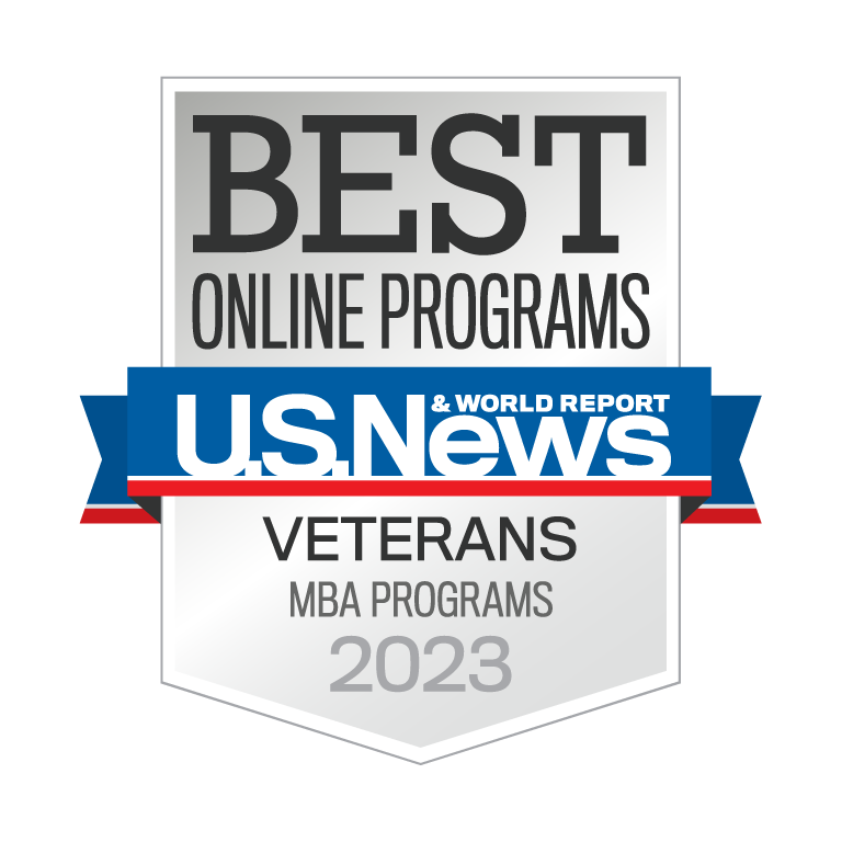 U.S. News and World Report badge for Best Online MBA Programs for Veterans 2023