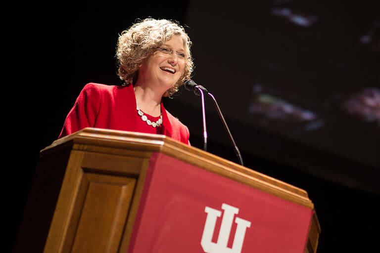 Dean Emeritus Idalene “Idie” Kesner speaking at a Kelley School of Business event. 