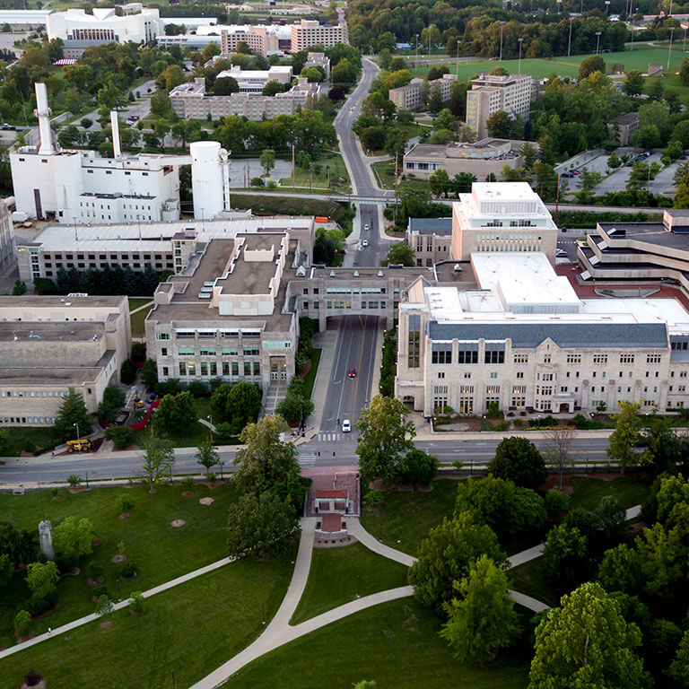 Overhead view of the Kelley School of Business buildings. 